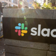 The Slack logo appears outside its headquarters on December 1, 2020 in San Francisco, California.